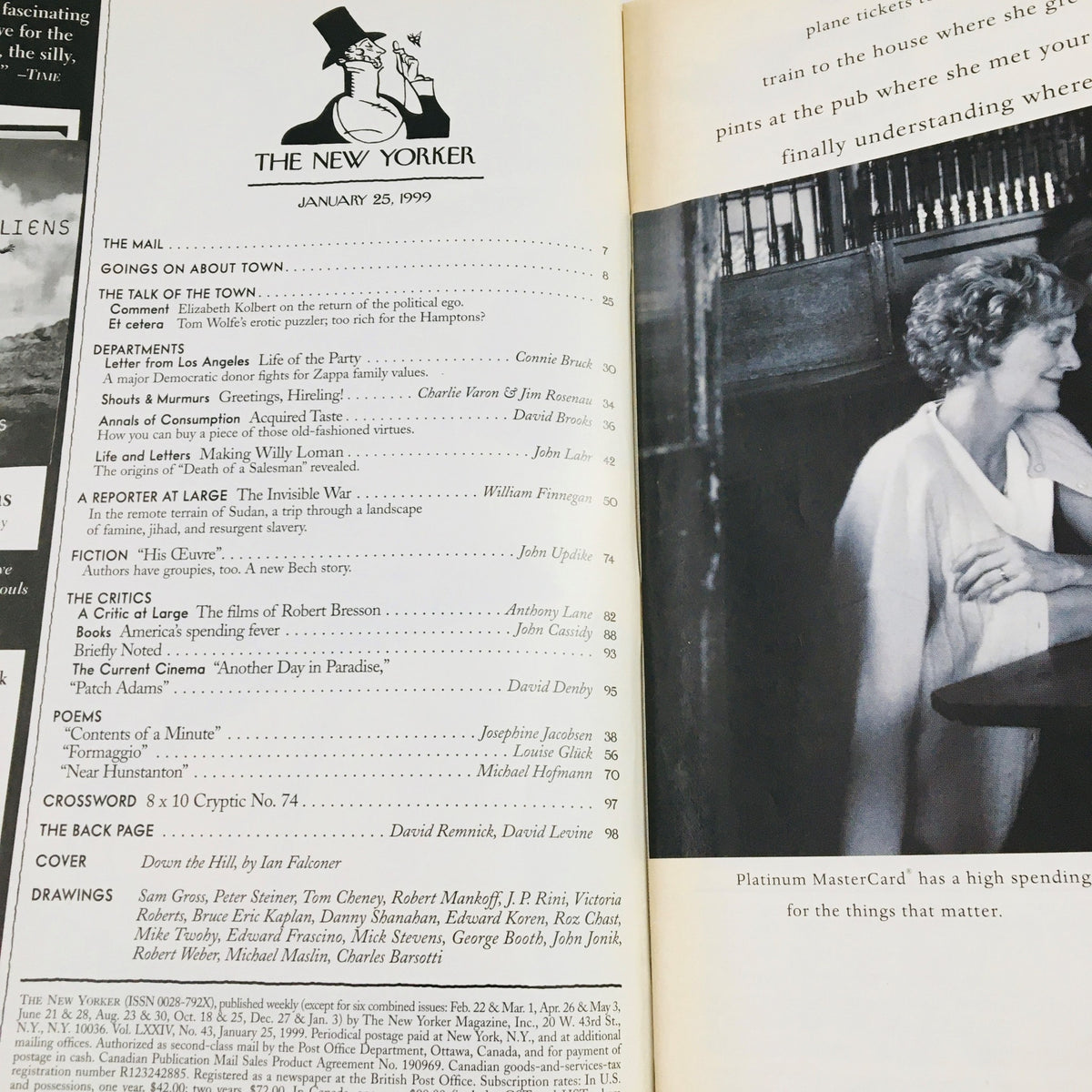 The New Yorker January 25 1999 Full magazine layout showing the table of contents and illustrations by Ian Falconer, highlighting articles and features of this vintage issue.