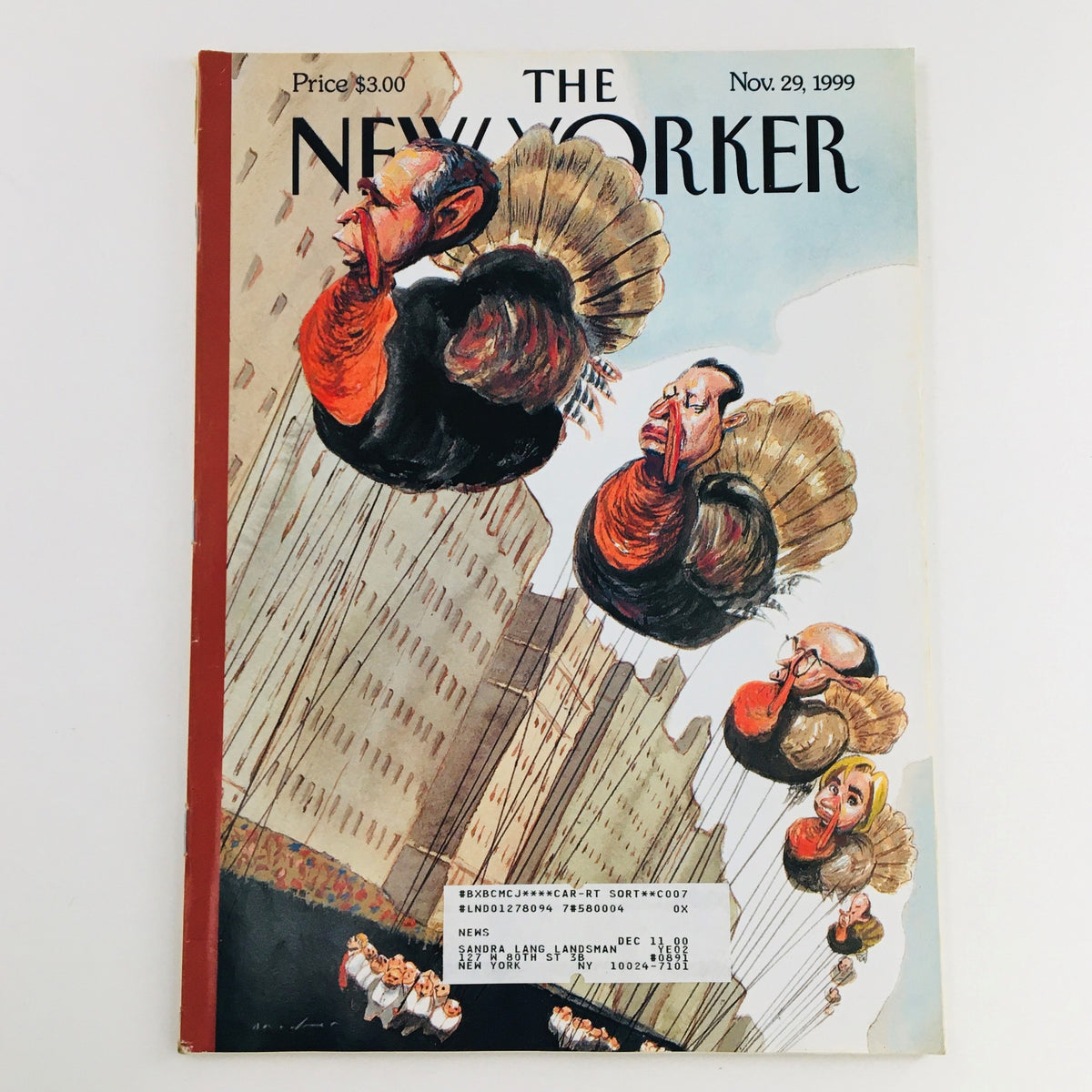 Cover of The New Yorker Full Magazine from November 29, 1999, featuring a whimsical illustration by Steve Brodner celebrating Turkey Day.