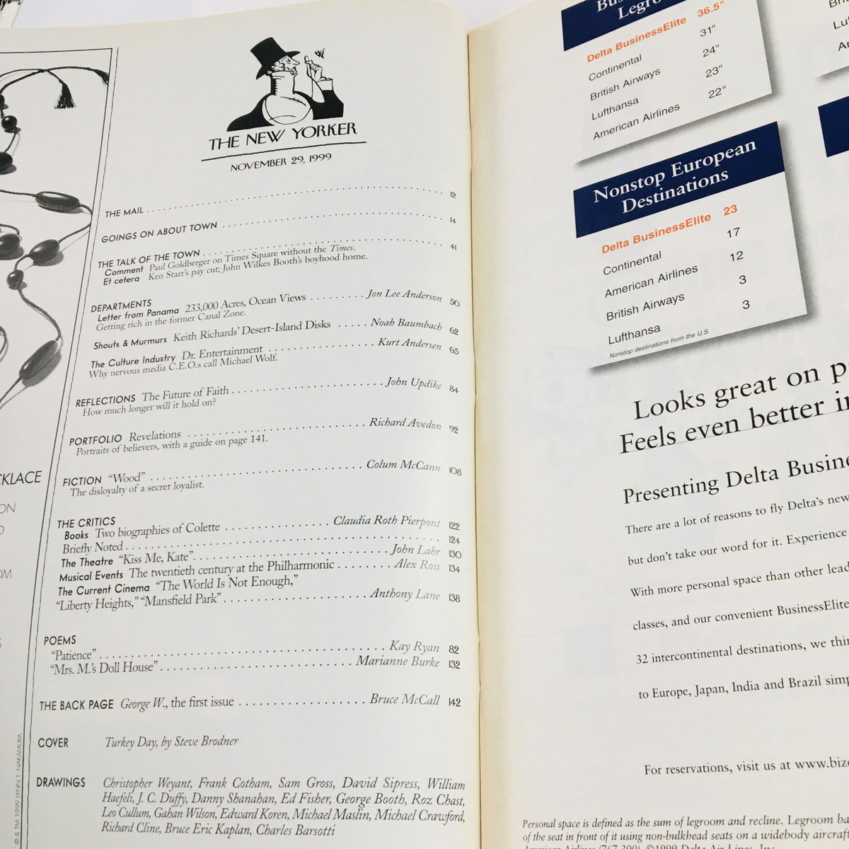 Inside pages of The New Yorker Full Magazine November 29, 1999 featuring the table of contents and advertisements, showcasing the creative layout and typography of the publication.