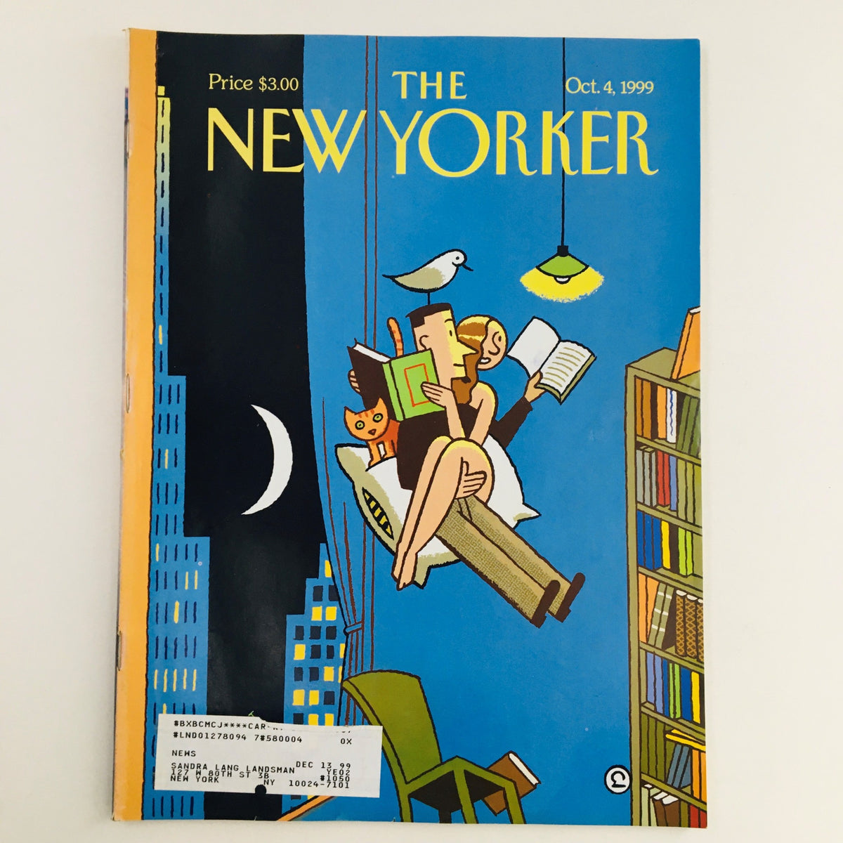 Cover of The New Yorker Full Magazine October 4 1999 titled 'The Unbearable Lightness of Reading' featuring a colorful illustration of a person reading with a cat, surrounded by buildings and a moon.