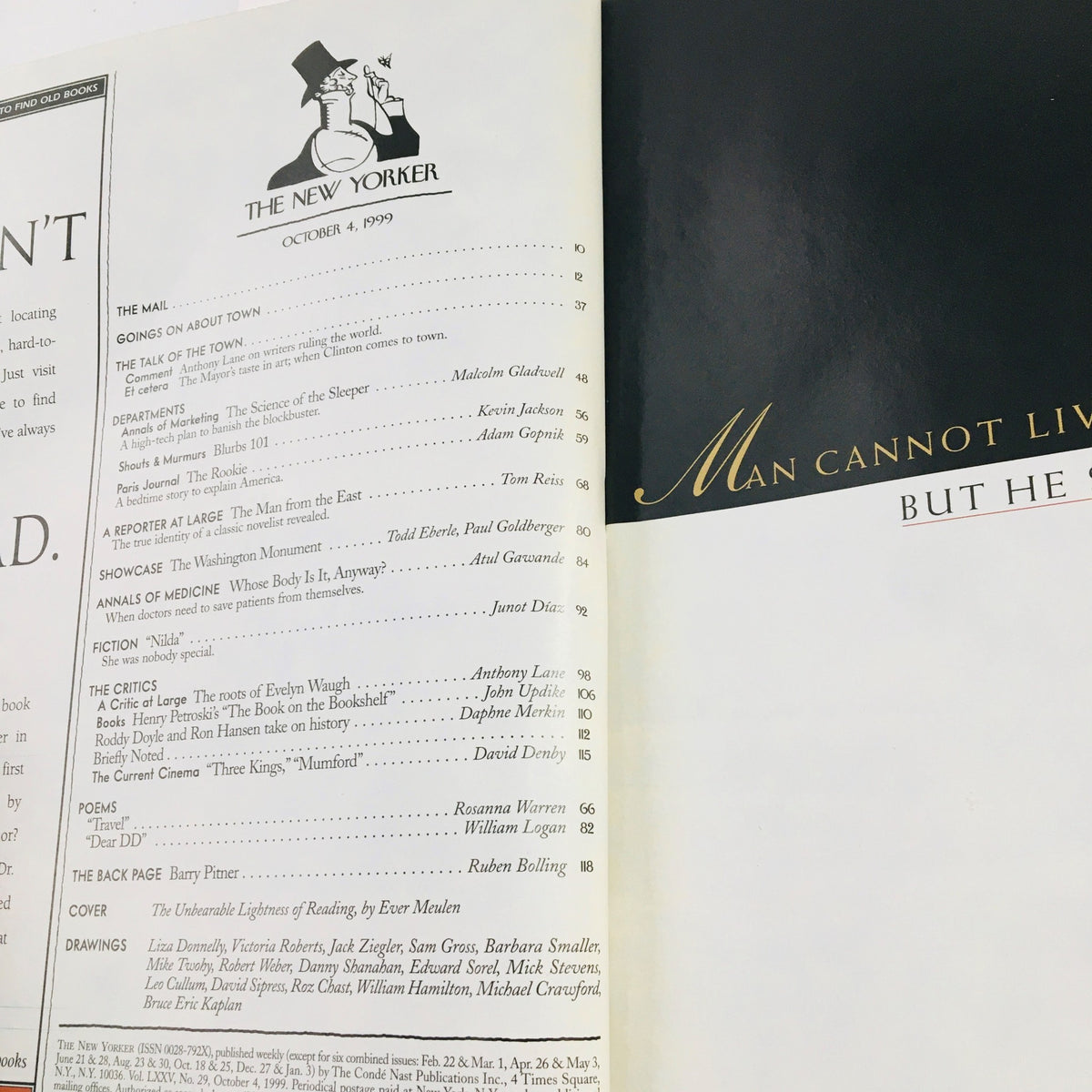 Interior page of The New Yorker Full Magazine October 4 1999 highlighting the table of contents, showcasing articles and sections, including 'The Talk of the Town' and 'A Reporter's at Large'.