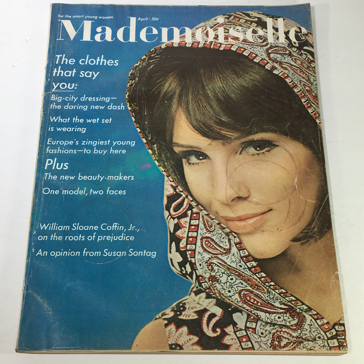 VTG Mademoiselle Magazine Cover from April 1965 featuring a model in a decorated shawl with articles on fashion and culture, including a piece by William Sloane Coffin Jr.