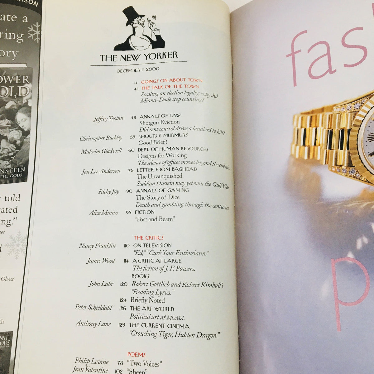 Table of contents for The New Yorker Full Magazine December 11, 2000, showcasing various articles and features for that issue, demonstrating the classic layout of the magazine.