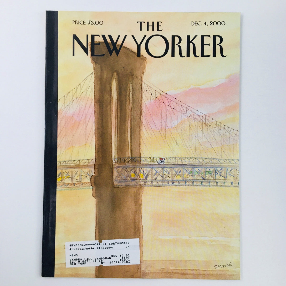 The New Yorker December 4 2000 Full Magazine Theme Cover by Jean-Jacques Sempé featuring the Brooklyn Bridge at sunset.