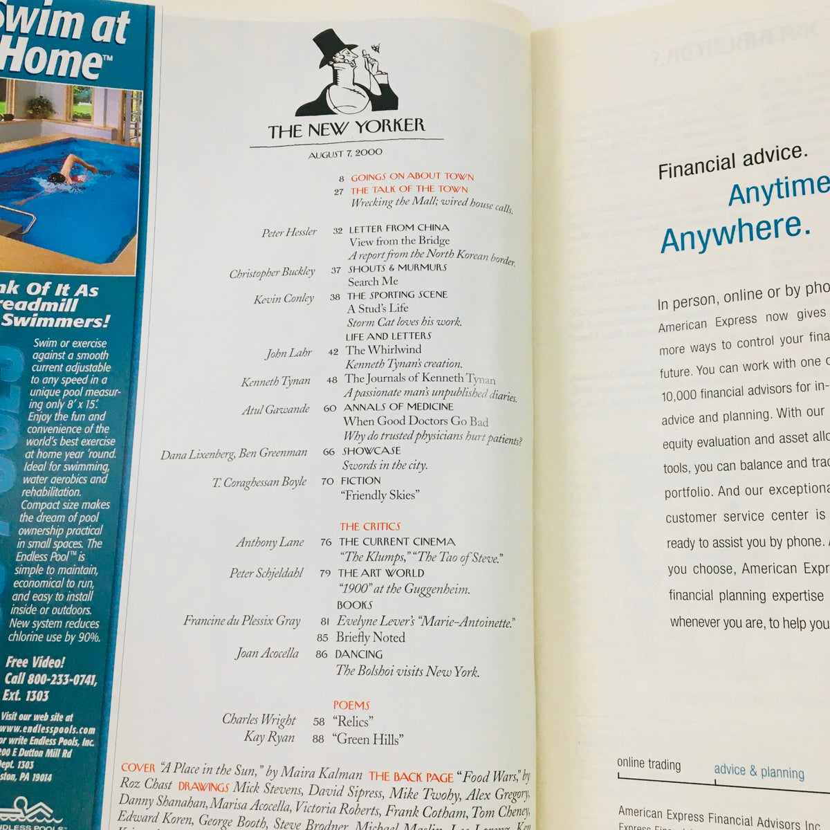Interior page of The New Yorker Full Magazine August 7 2000 showcasing the table of contents, highlighting various articles and contributions from notable writers.
