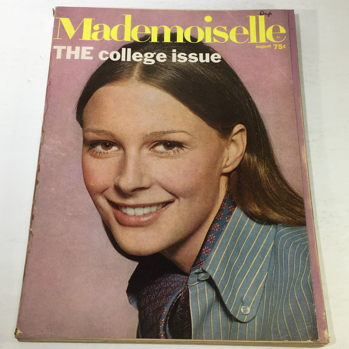 Cover of the VTG Mademoiselle Magazine: August 1967 - Retro The College Issue featuring a smiling model with long hair wearing a blue shirt and scarf, showcasing the vintage fashion of the era.