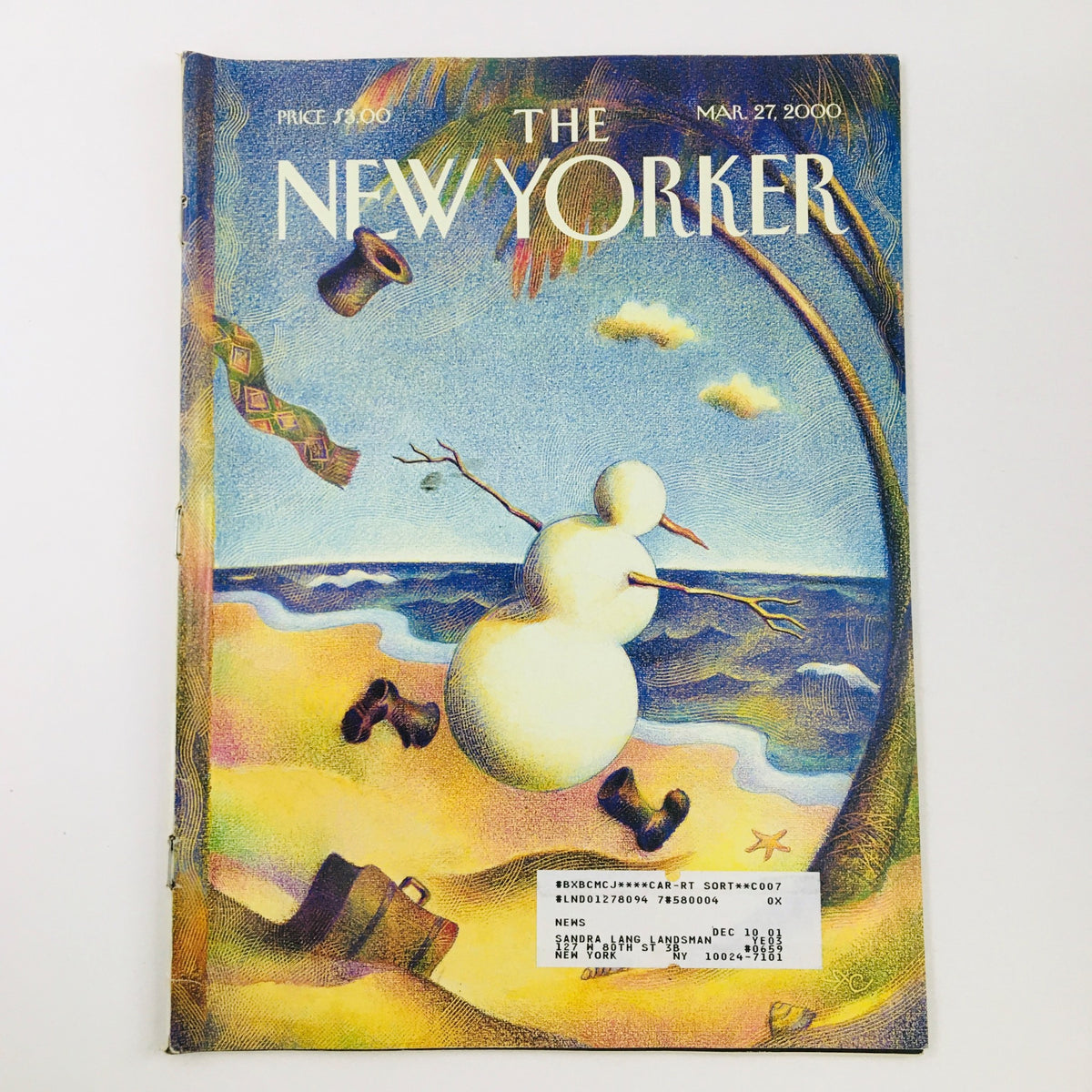 Cover of The New Yorker Full Magazine March 27, 2000 Winter is Sprung by Raul Colon, featuring vibrant artwork of a snowman on a tropical beach with palm trees.