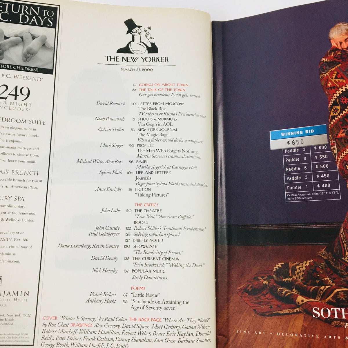 Interior page of The New Yorker Full Magazine March 27, 2000 showcasing the table of contents including various articles and contributors.