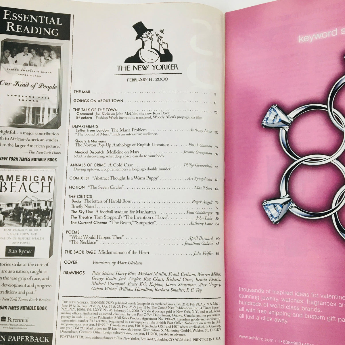 Inside page of The New Yorker Full Magazine February 14 2000, displaying the table of contents with sections like 'Fiction' and 'Drawings', highlighting its diverse range of content.