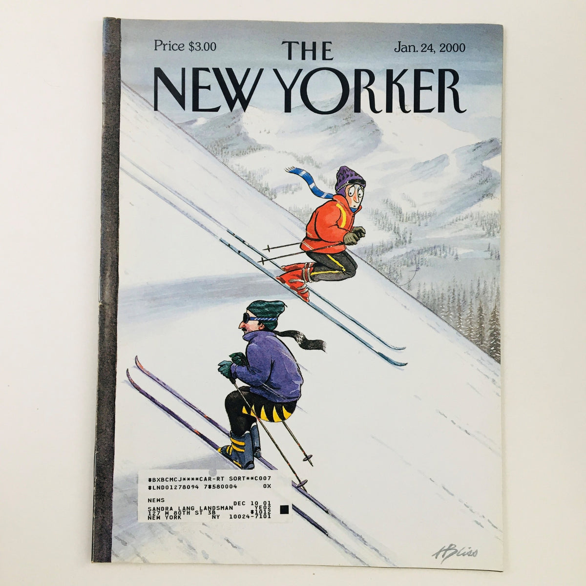 The New Yorker January 24 2000 Full Magazine Theme Cover by Harry Bliss featuring two skiers on a snowy slope, showcasing the artistic style of Harry Bliss and the vintage allure of collectible magazines.
