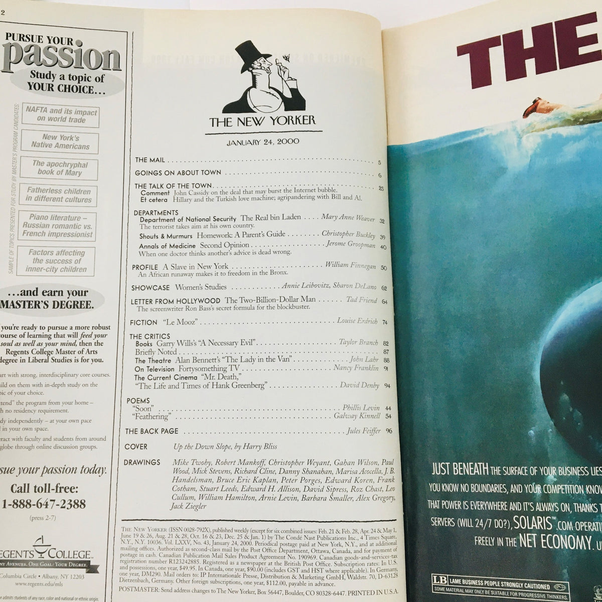 The New Yorker January 24 2000 inside pages featuring article listings and advertisements, providing a glimpse into the magazine's content and design quality for collectors and enthusiasts.