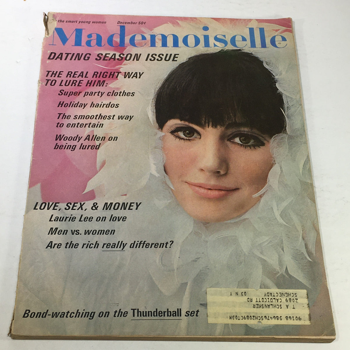 VTG Mademoiselle Magazine: December 1965 cover featuring a model, labeled 'Dating Season Issue' highlighting fashion and lifestyle content.