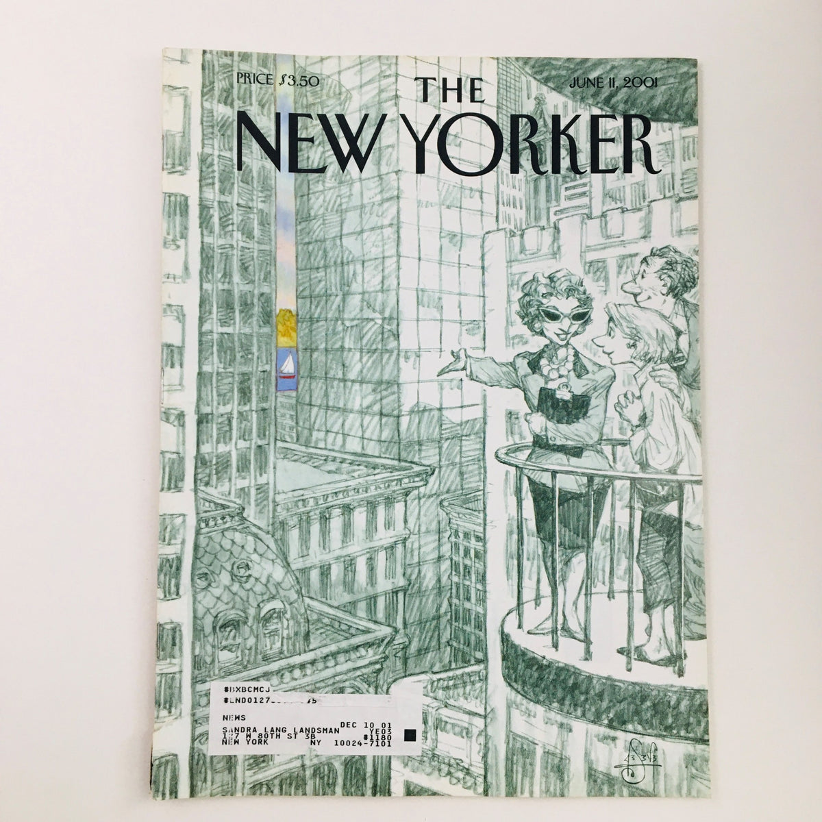 The New Yorker June 11 2001 Full Magazine Cover featuring an illustration by Peter de Seve, showcasing a detailed urban scene with figures on a balcony.