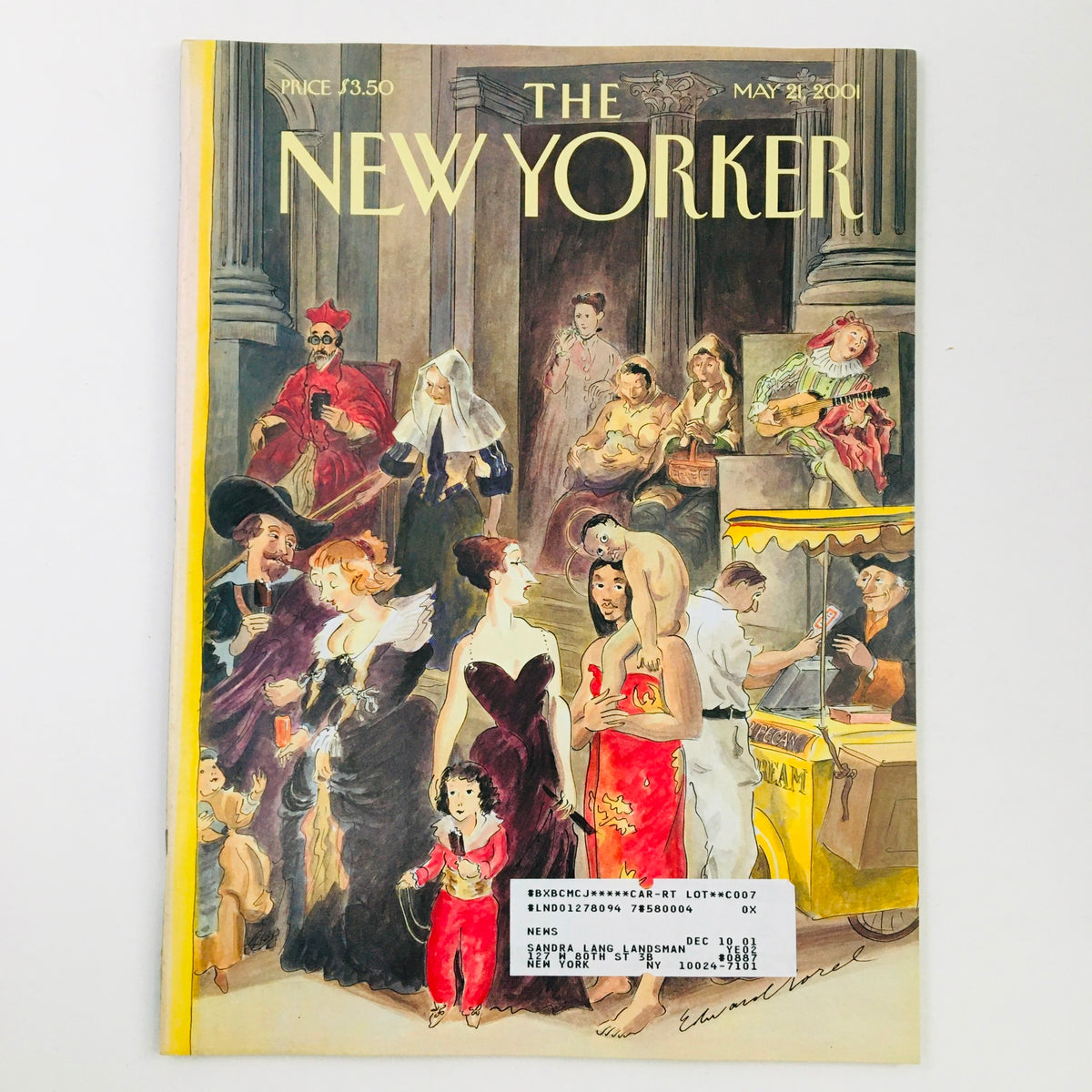 The New Yorker Full Magazine May 21, 2001 cover featuring artwork by Edward Sorel, depicting a lively scene with characters in vintage attire, highlighting the cultural essence of New York City.