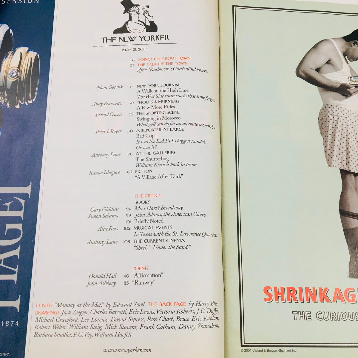 Interior page of The New Yorker Full Magazine May 21, 2001 showcasing article titles and contributors, emphasizing the journal's rich content, including a piece by Edward Sorel.