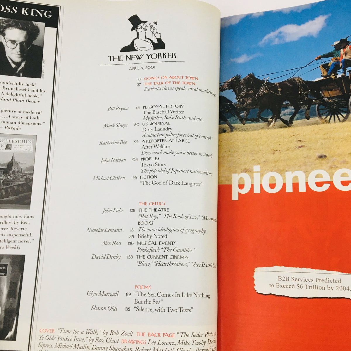 Inside page of The New Yorker April 9 2001, featuring the table of contents and articles, highlighting the magazine's content and layout, surrounded by a vintage aesthetic.