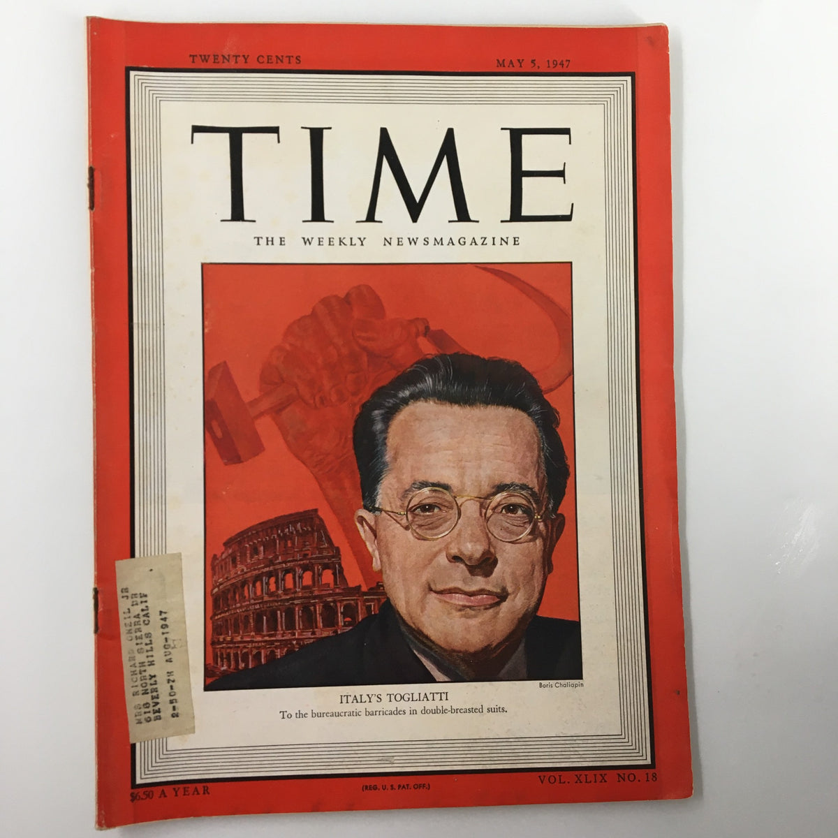 Cover of the May 5, 1947 issue of Time Magazine featuring Italy's Palmiro Togliatti, highlighting a significant moment in post-war politics with artwork and description.
