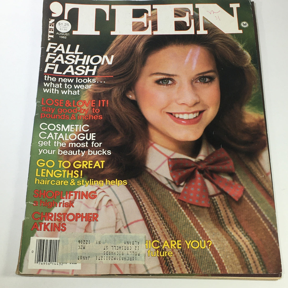 Vintage Teen Magazine from August 1982 featuring Christopher Atkins on the cover with fall fashion trends and beauty tips.