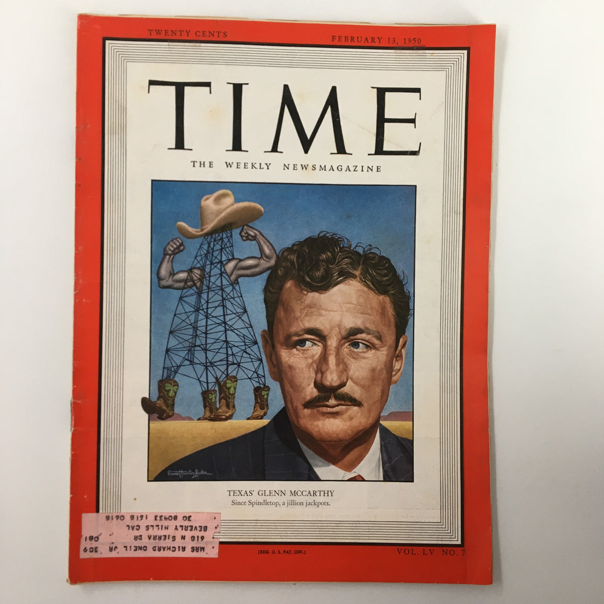 VTG Time Magazine February 13 1950 featuring Texas' Glenn McCarthy on the cover, showcasing a historical portrayal with vibrant colors, including an oil rig and cowboy imagery.