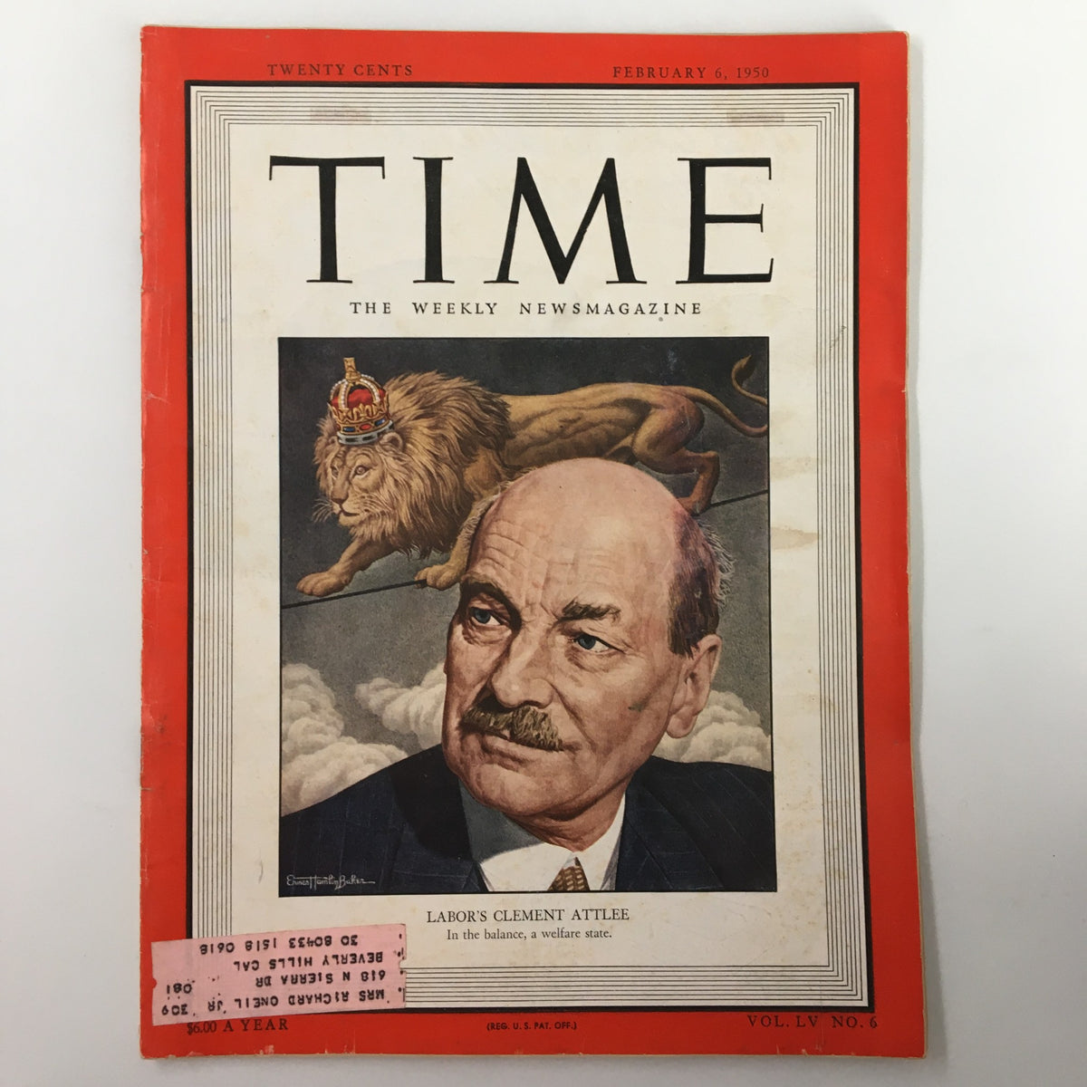 Vintage Time Magazine cover from February 6, 1950, Vol. 55 No. 6 featuring Labor's Clement Attlee with a lion illustration, showcasing a significant historical political moment.