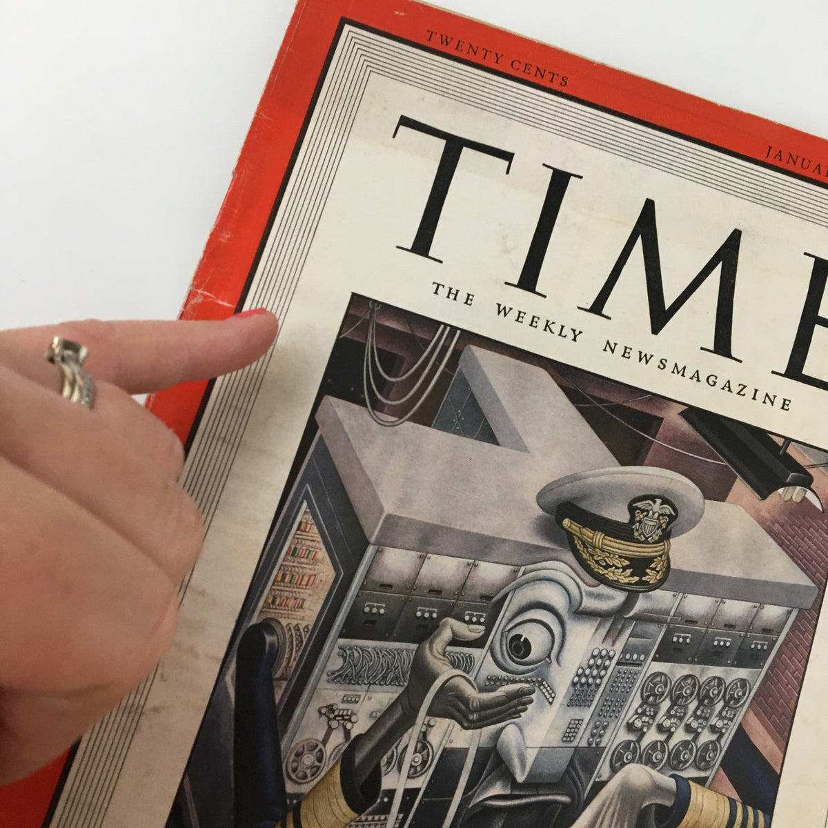 Cover of VTG Time Magazine January 23 1950 Vol. 55 No. 4 featuring the artwork for the article 'Can Man Build Superman?' with a detailed illustration of a robotic character.