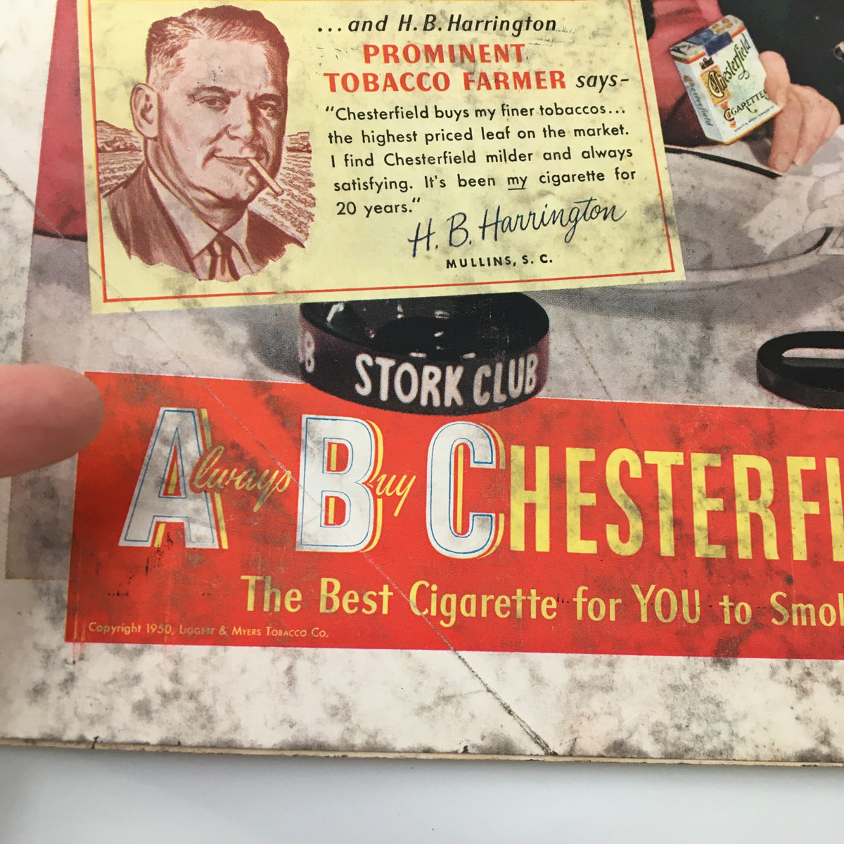 Detail of an advertisement in VTG Time Magazine January 23 1950 Vol. 55 No. 4, featuring H.B. Harrington and the promotion of Chesterfield cigarettes.