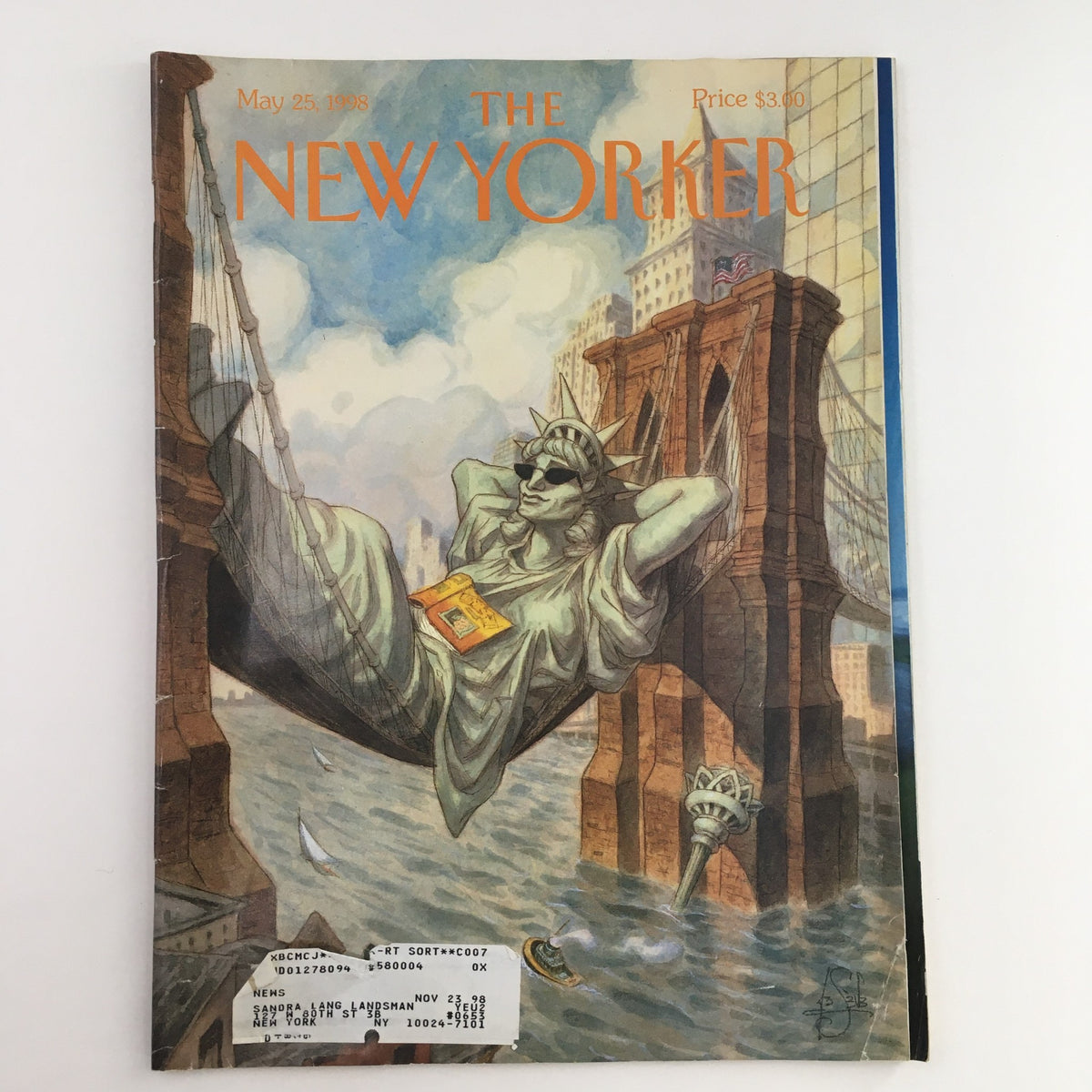 Cover of The New Yorker magazine dated May 25, 1998, illustrated by Peter de Seve featuring the Statue of Liberty in sunglasses, embracing a modern theme.