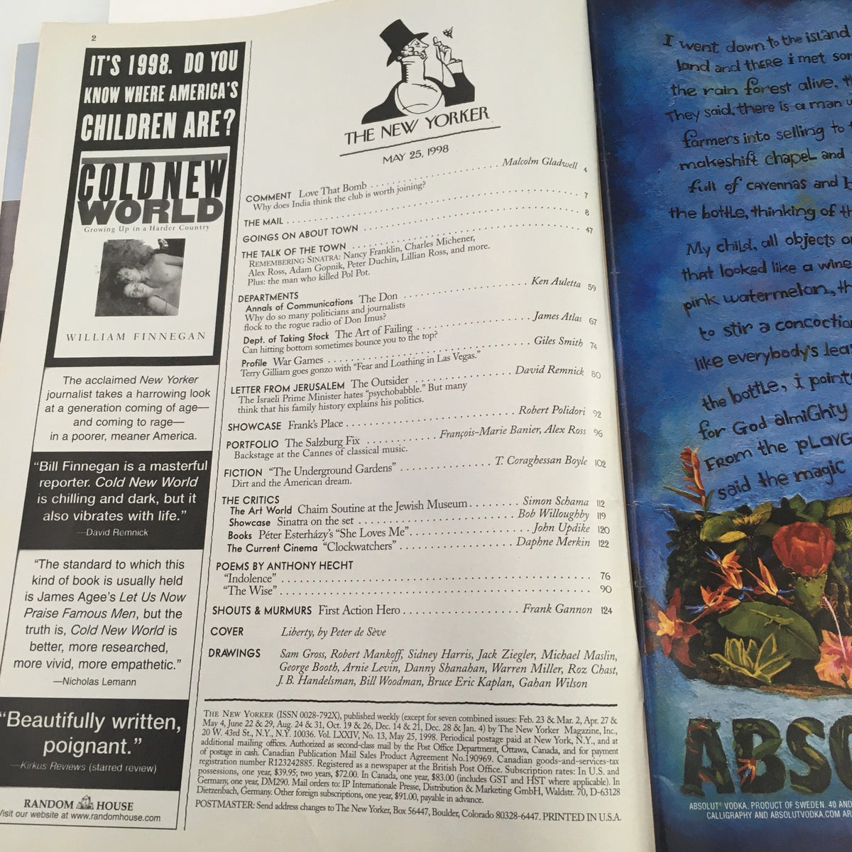 Contents page of The New Yorker magazine from May 25, 1998, featuring articles and features from the issue, including a highlighted article on William Finnegan's 'Cold New World'.