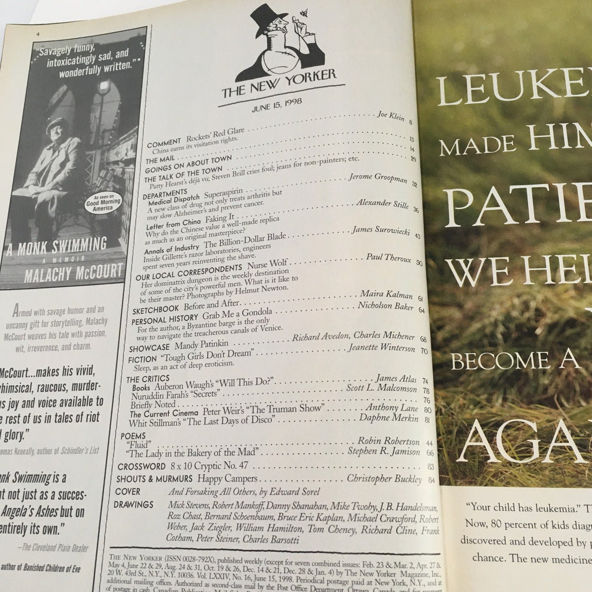 Interior page of The New Yorker magazine featuring the table of contents from June 15, 1998, showcasing articles and illustrations, including the cover theme by Edward Sorel.
