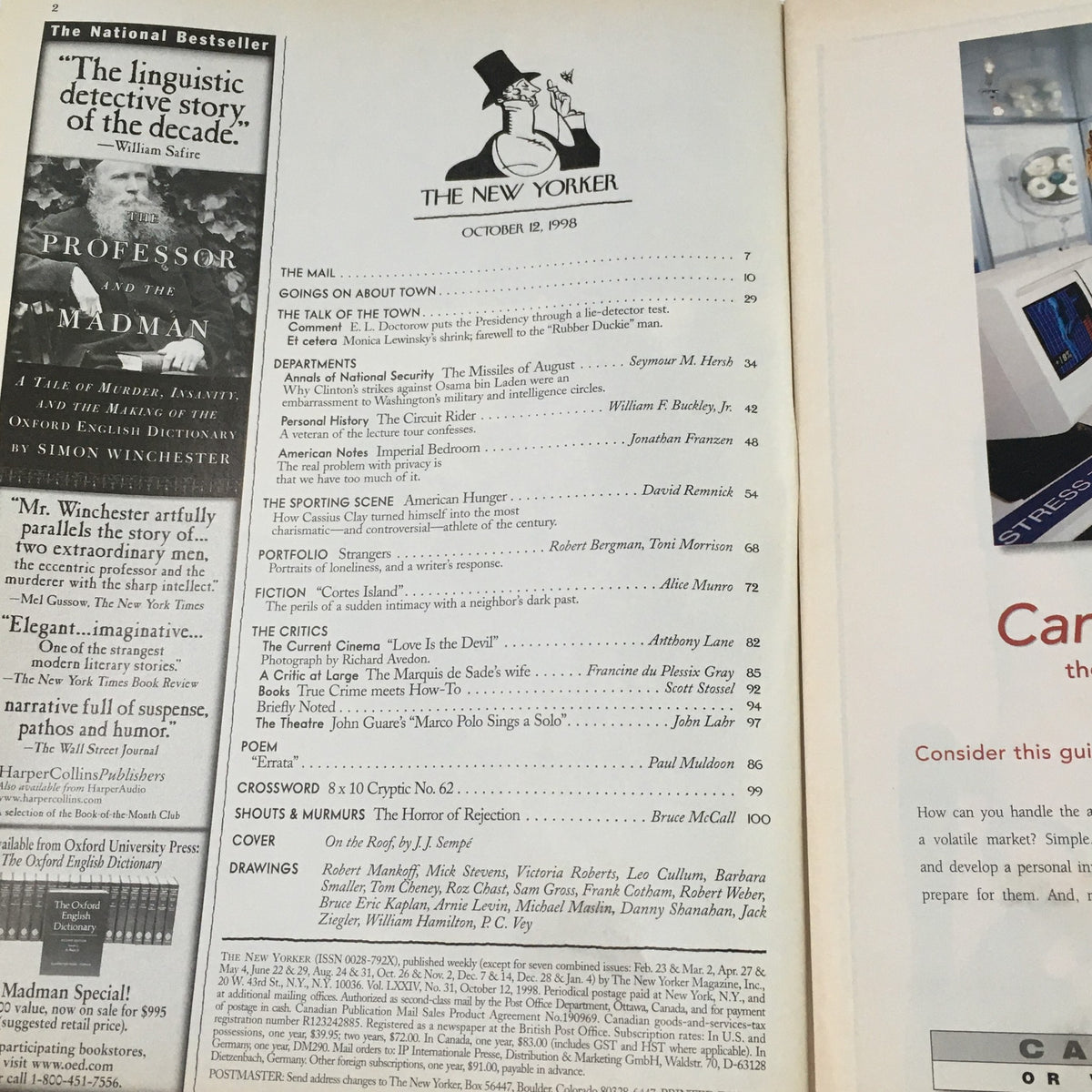 Inside page of The New Yorker Full Magazine October 12 1998 displaying the magazine's table of contents and featuring notable articles from the issue.