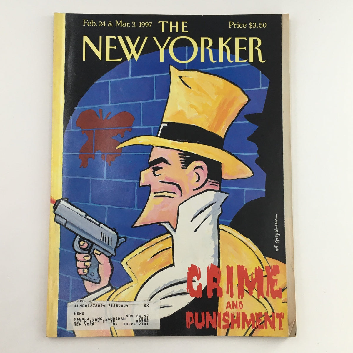 Cover of The New Yorker magazine from February 24 & March 3, 1997, featuring vibrant illustration by Art Spiegelman, depicting a character in a yellow trench coat and hat holding a gun, with the text 'CRIME AND PUNISHMENT' prominently displayed.