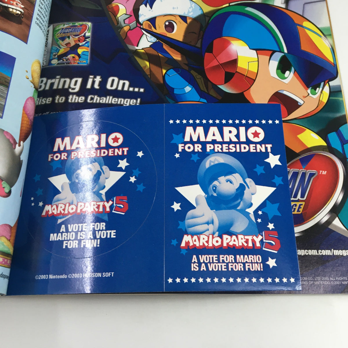 Promotional page in Nintendo Power Magazine Vol 175 for Mario Party 5, supporting Mario for president in a fun campaign.