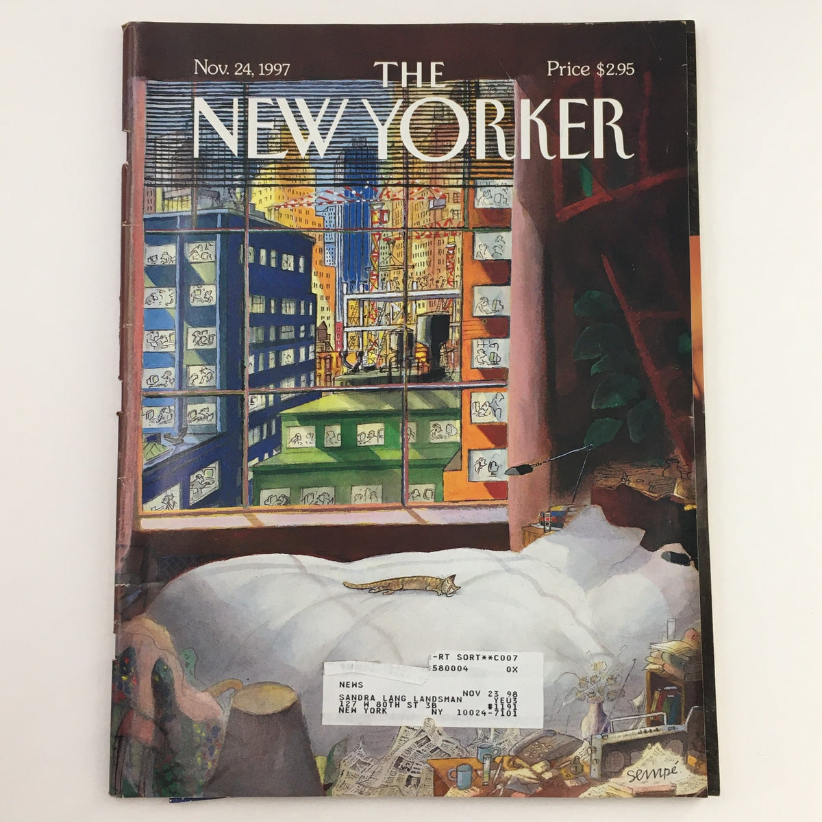 Cover of The New Yorker, November 24 1997, featuring an illustration by Jean-Jacques Sempé. The artwork depicts a cozy interior view from a bedroom window overlooking a cityscape, with colorful buildings and a cat lounging on the bed. The magazine is priced at $2.95.