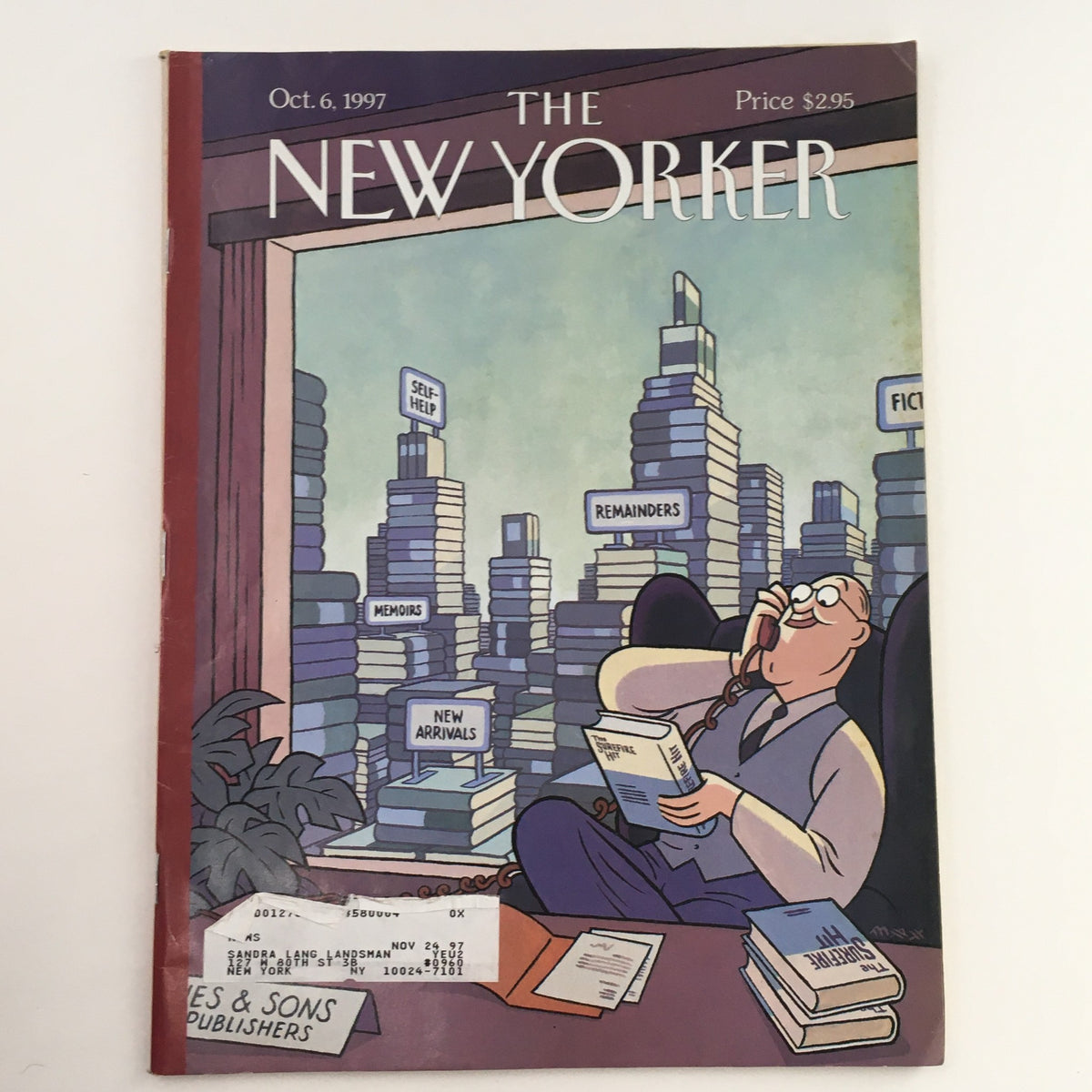 The New Yorker Full Magazine October 6 1997 cover featuring 'Tall Stories' illustration by Max, showcasing a man reading amid towering stacks of books labeled with genres like 'Self-Help' and 'Fiction'.