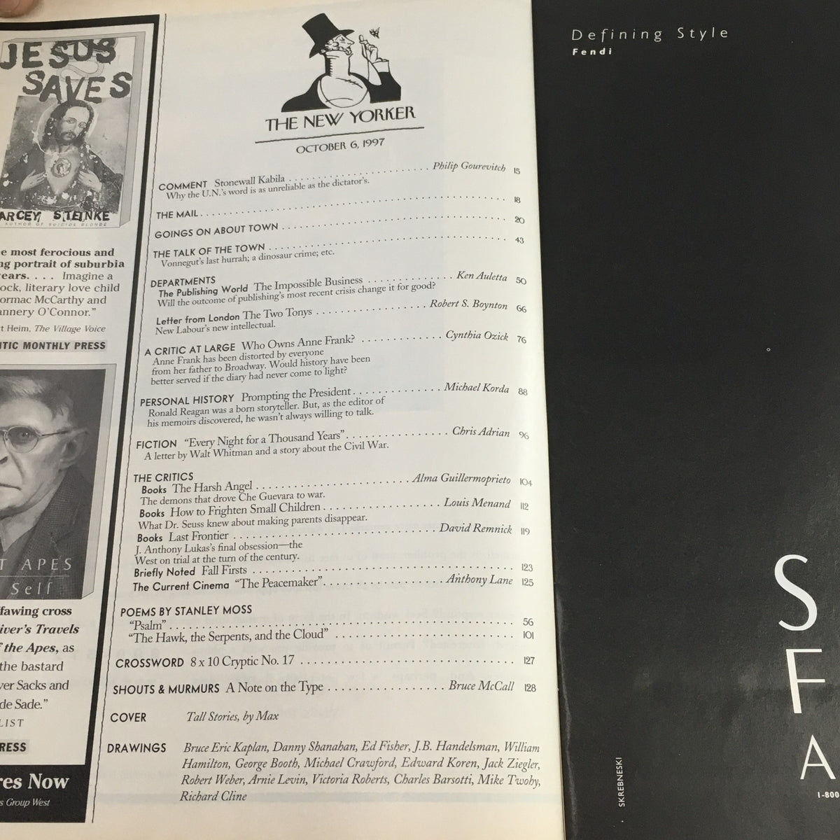Inside pages of The New Yorker Full Magazine October 6 1997 displaying the Table of Contents, highlighting featured comments, articles, and drawings from the issue, indicative of the magazine's cultural commentary.