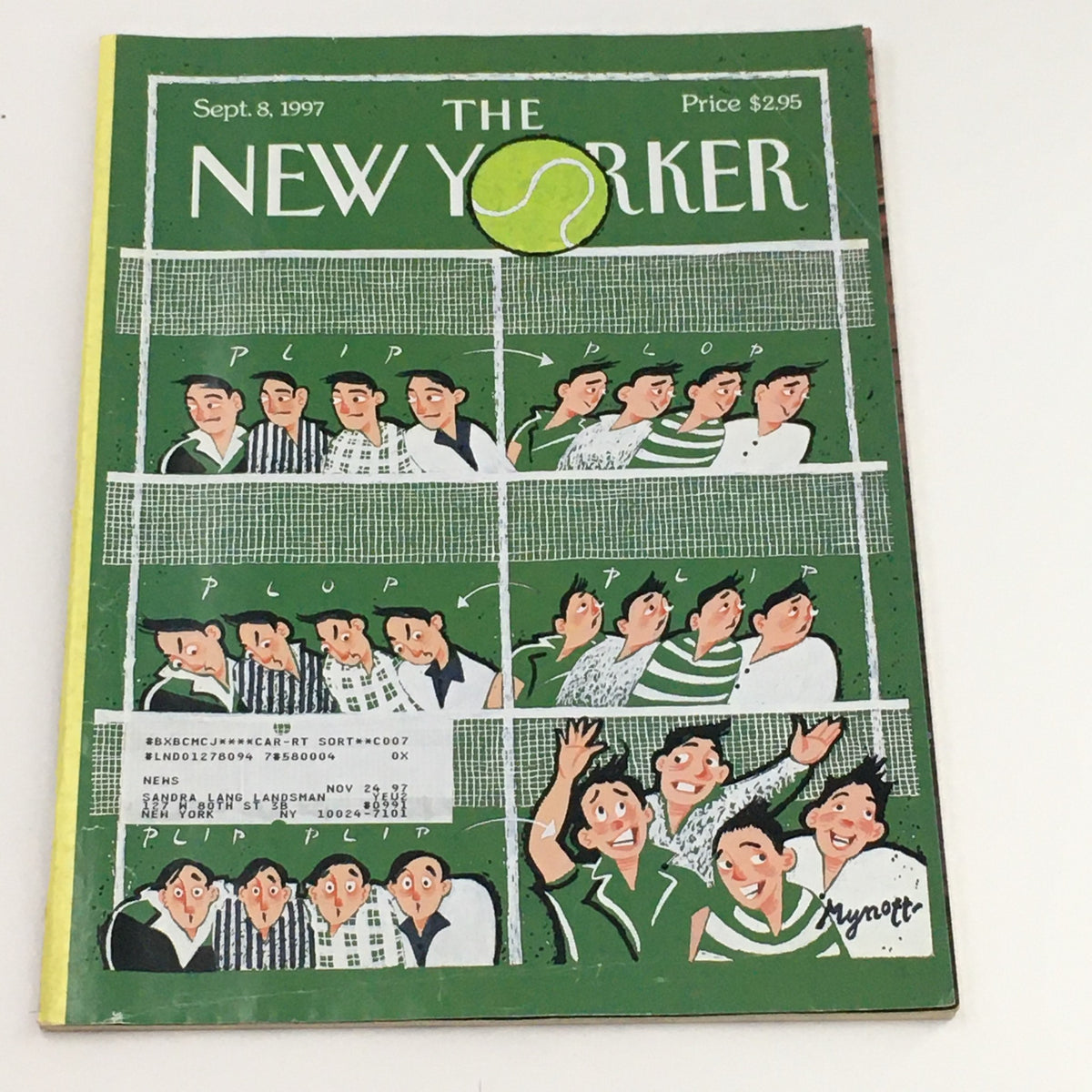 Cover of The New Yorker Full Magazine September 8 1997 titled 'Game, Set & Match' by Lawrence Mynott, featuring a colorful illustration of tennis players with dialogue bubbles.