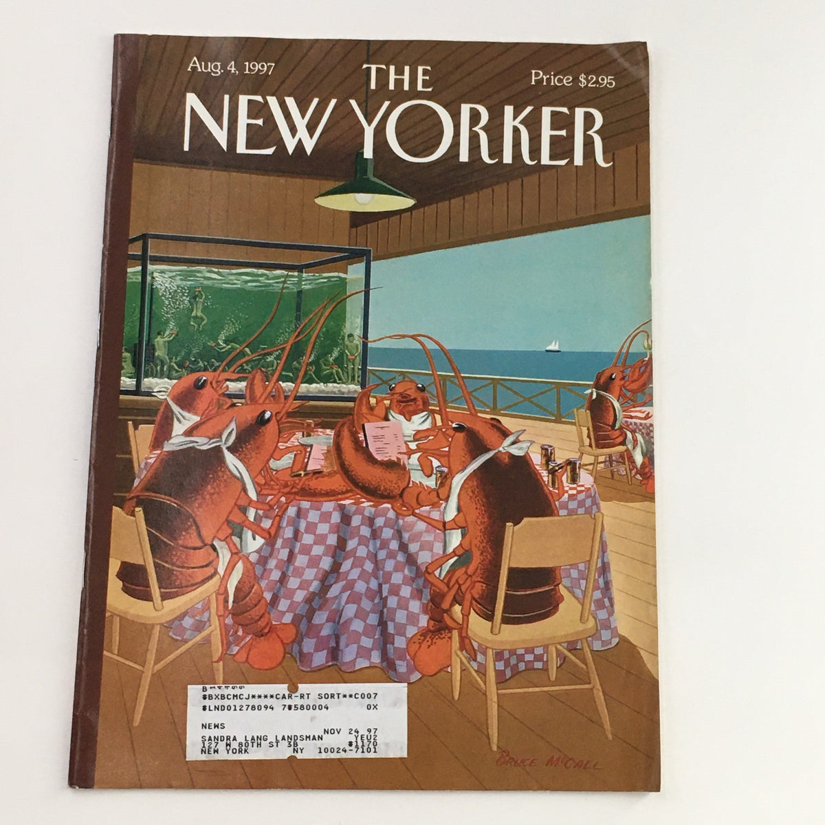 Cover of The New Yorker Full Magazine August 4 1997 featuring whimsical Lobsterman's Special artwork by Bruce McCall, depicting lobsters dining in a seafood restaurant.