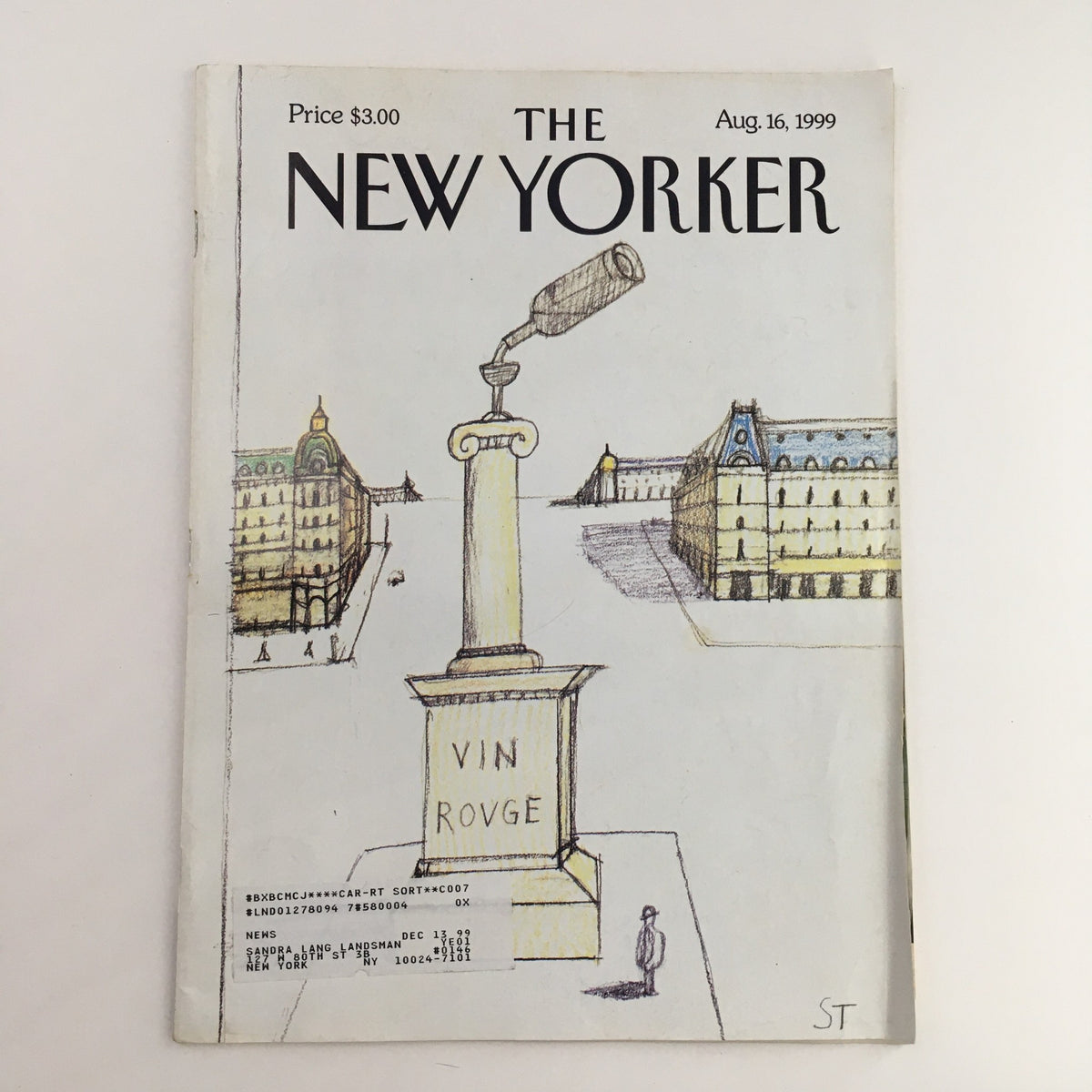 The New Yorker Full Magazine August 16 1999 featuring the captivating cover art titled Vin Rouge by Saul Steinberg, showcasing a whimsical illustration with a historical backdrop.