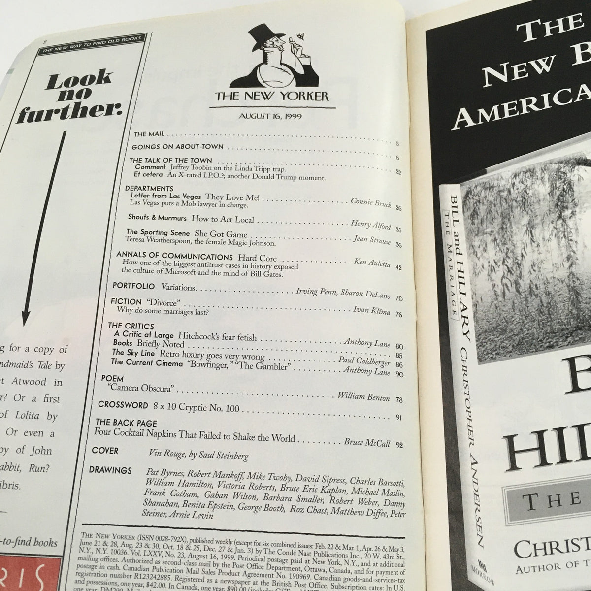 Interior page from The New Yorker Full Magazine August 16 1999 displaying the table of contents, highlighting articles and illustrations, including the cover art Vin Rouge by Saul Steinberg.