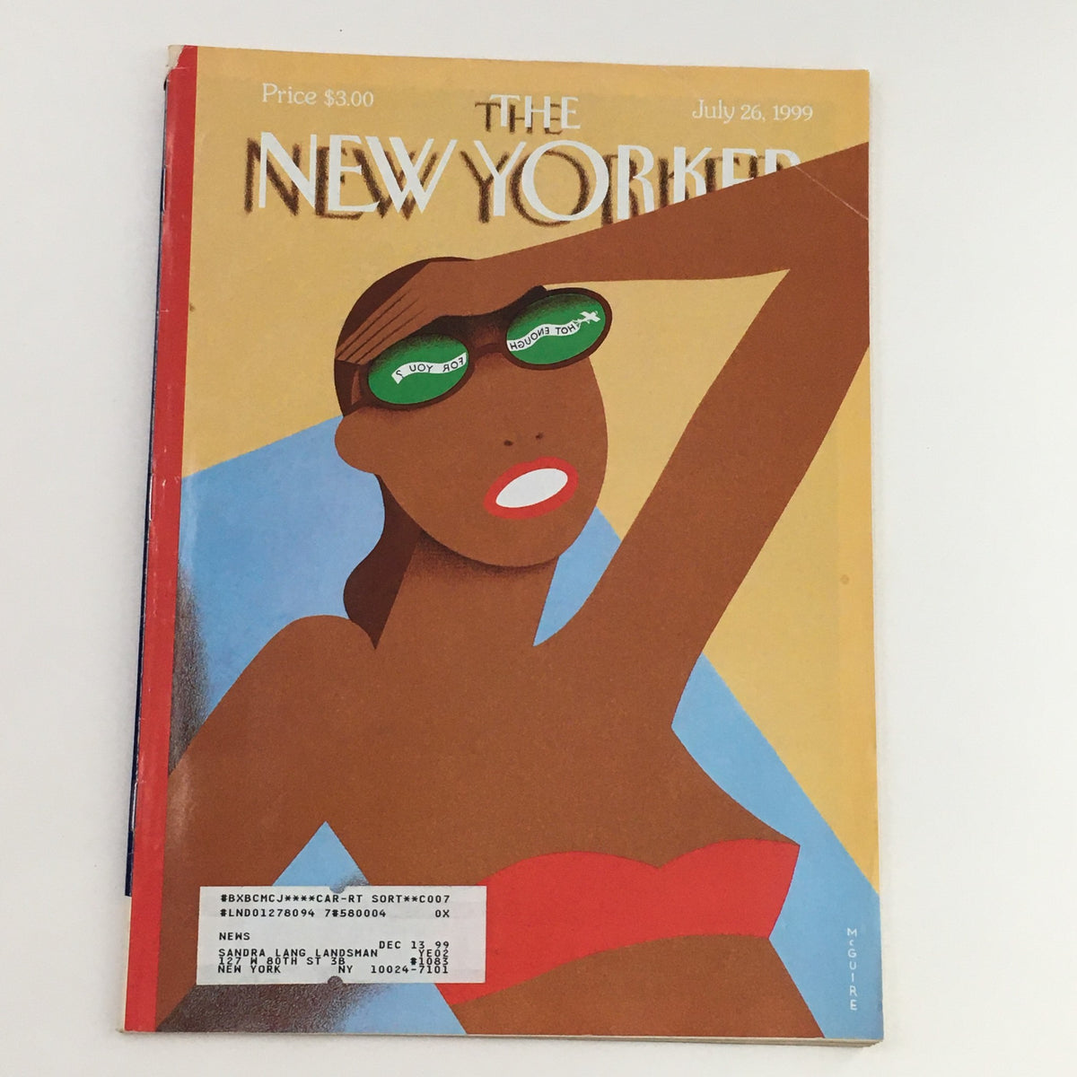 Cover of The New Yorker magazine from July 26, 1999, titled 'Hot Enough For You?' by Richard McGuire, featuring a stylized illustration of a woman in sunglasses with a vibrant color palette.