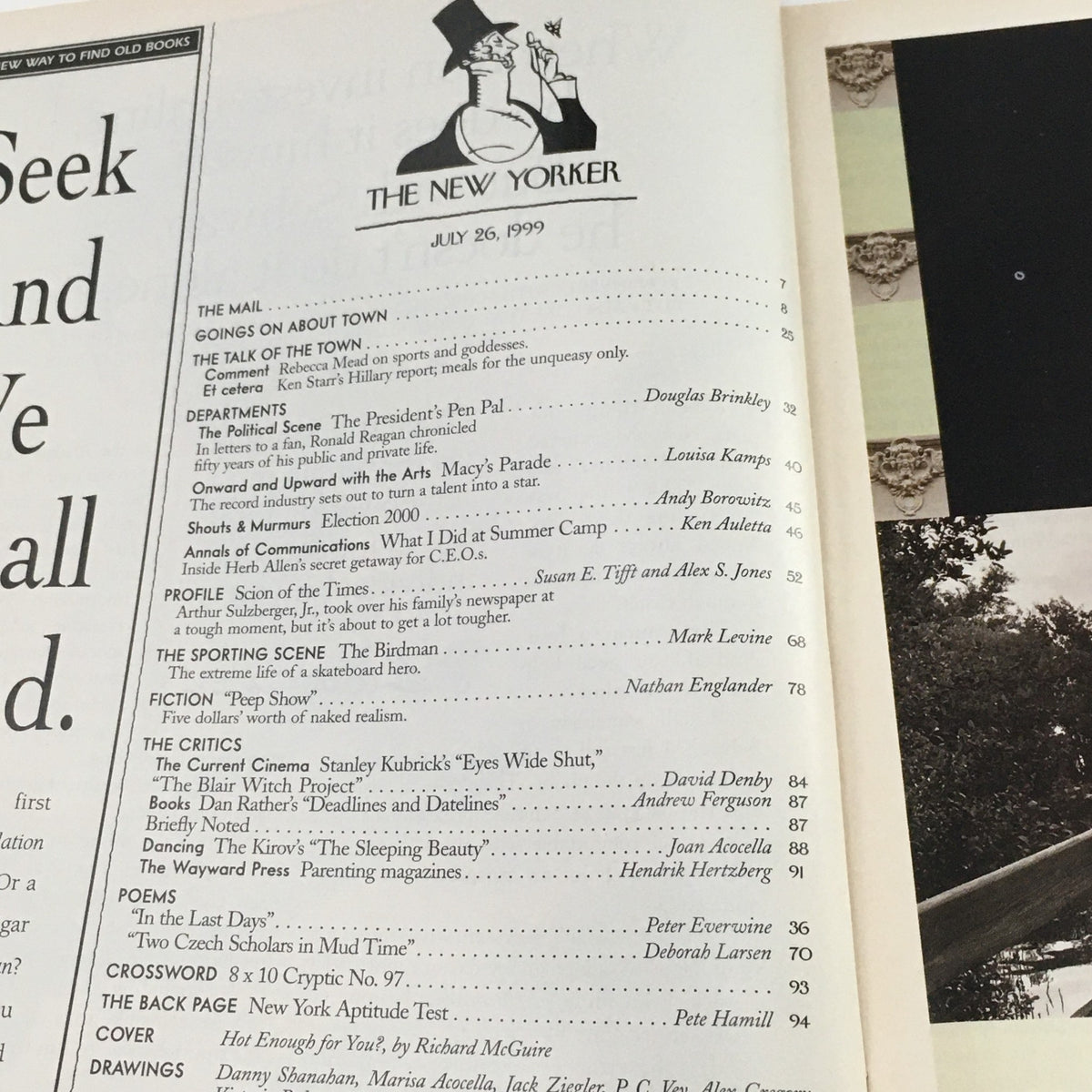 Table of contents from The New Yorker magazine, July 26, 1999, featuring various article titles and authors along with the magazine's iconic logo.