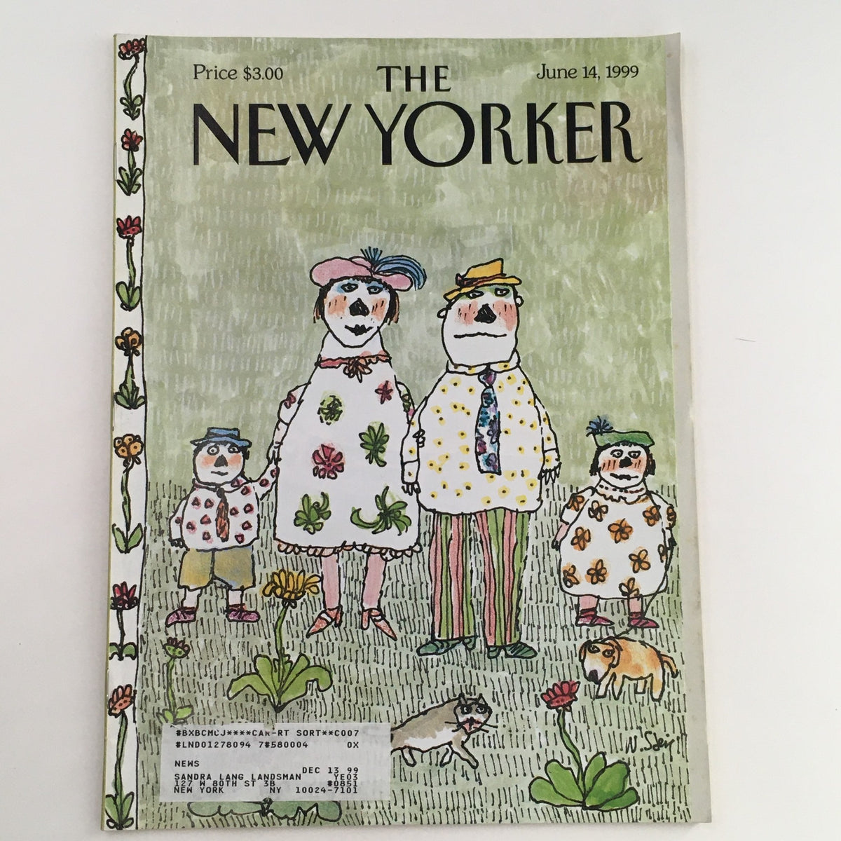 The New Yorker Full Magazine June 14 1999 featuring the whimsical 'Family Portrait' cover by William Steig, depicting a colorful family illustration with floral elements and a small dog, showcasing a charming depiction of family dynamics.