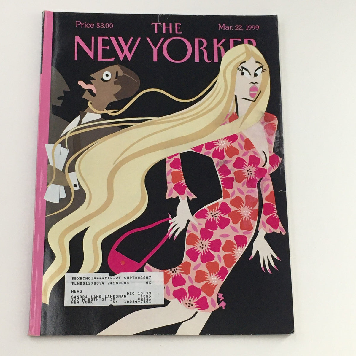 Cover of The New Yorker magazine from March 22, 1999, featuring the title "Cruel Extensions" by Michael Roberts, showcasing an artistic illustration of a fashionable woman with long blonde hair and a vibrant floral dress.