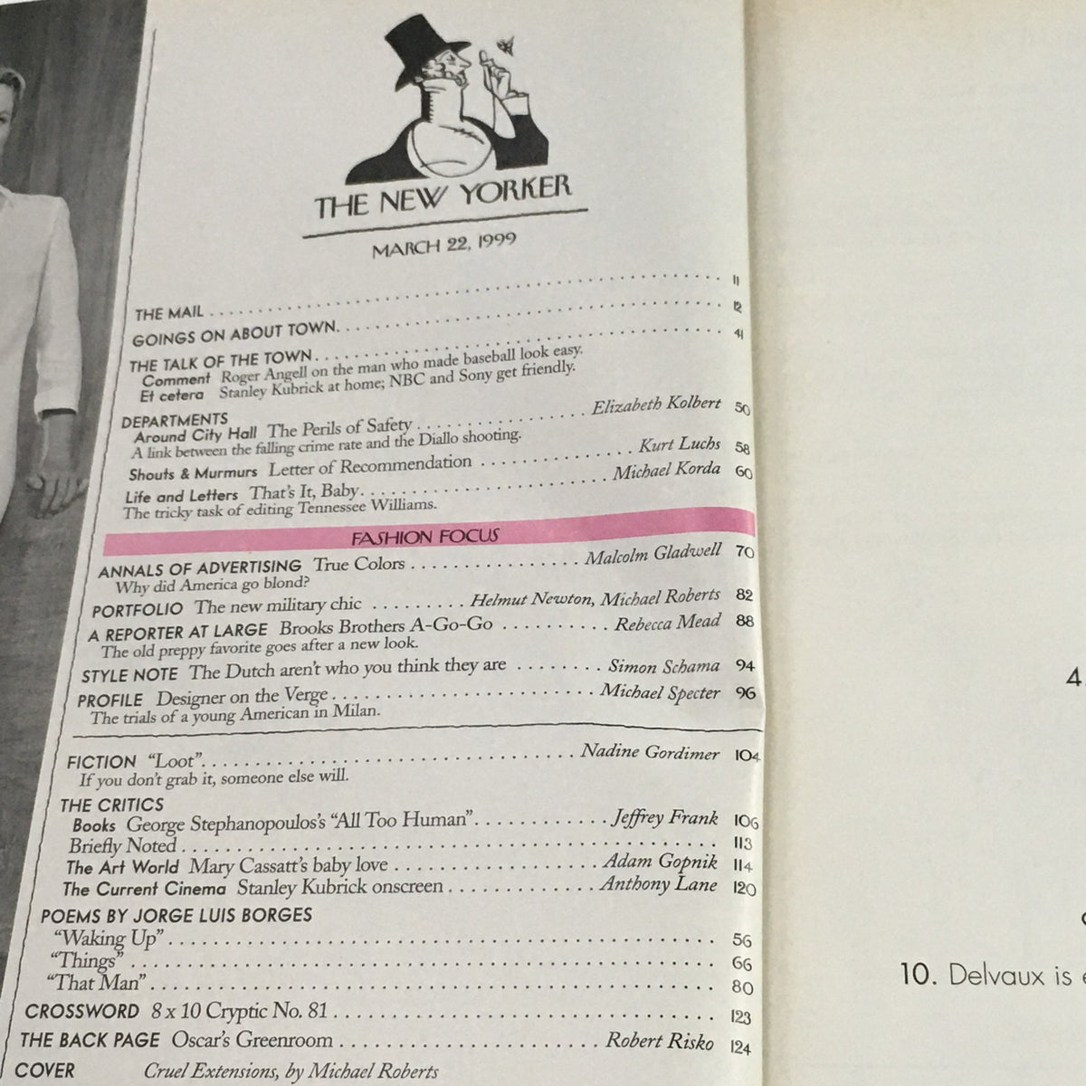 Table of contents from The New Yorker magazine March 22, 1999, listing articles including "Cruel Extensions" by Michael Roberts, details of various features, and contributing writers.