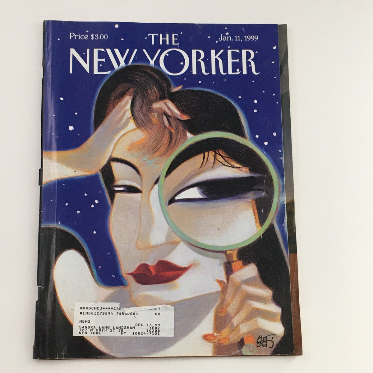 The New Yorker January 11 1999 Full Magazine Theme Cover by Lorenzo Mattotti featuring a woman's face and a magnifying glass, showcasing vibrant colors and artistic detail.