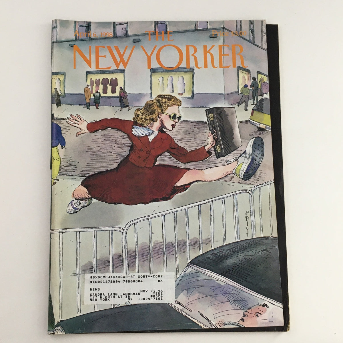 Cover of The New Yorker magazine from April 6, 1998, titled 'Taking it in Stride' by Barry Blitt, featuring a cartoon illustration of a girl in sunglasses, running with a cassette player.