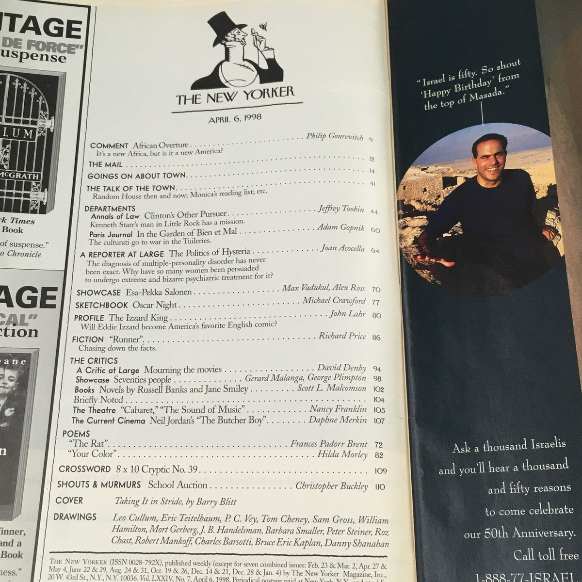Inside page of The New Yorker magazine from April 6, 1998, showcasing the table of contents including articles and features such as 'Taking it in Stride' by Barry Blitt.