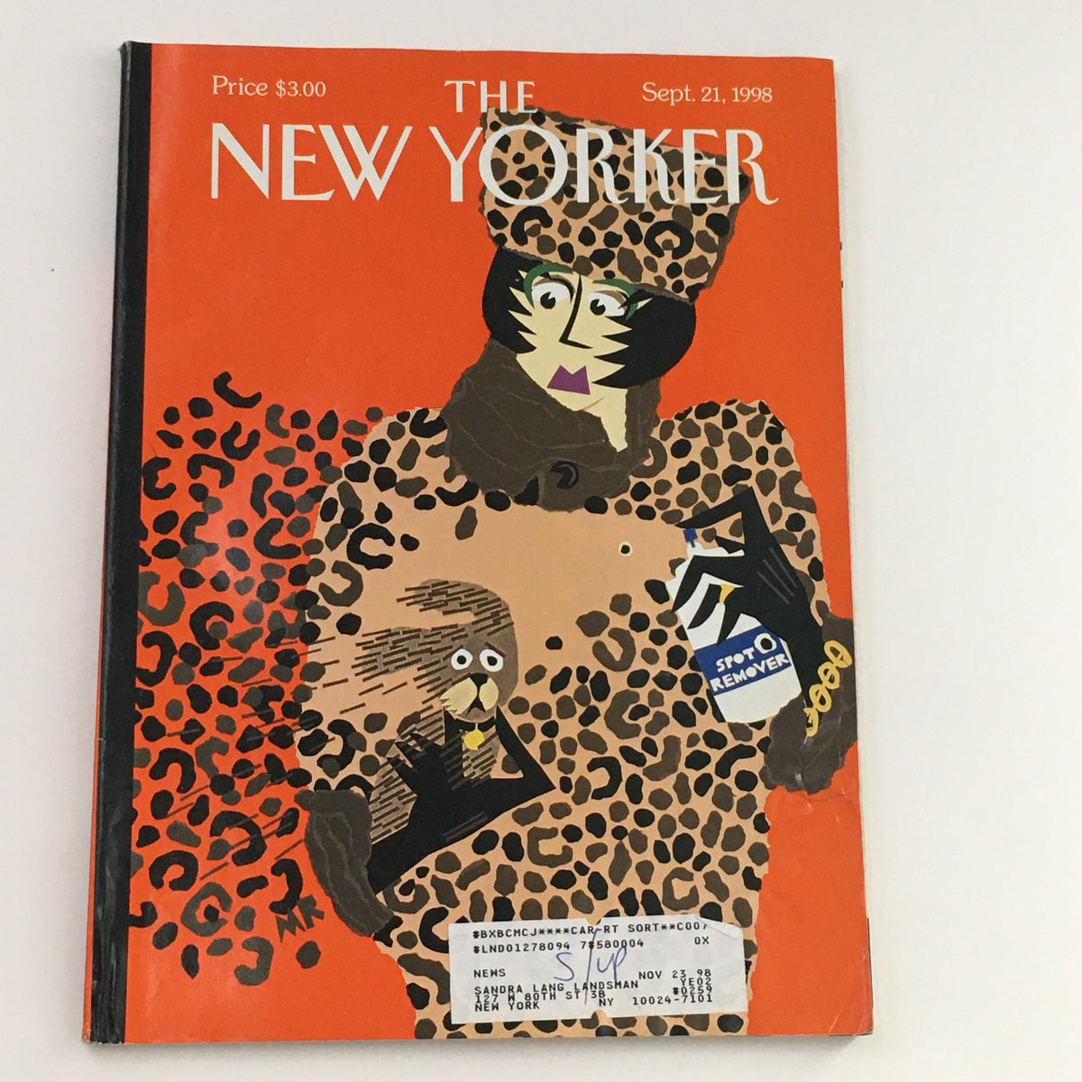 Cover of The New Yorker magazine from September 21, 1998, featuring an illustrated woman in a leopard print coat with a playful design. Title: The New Yorker Full Magazine September 21 1998 Spot Check by Michael Roberts.