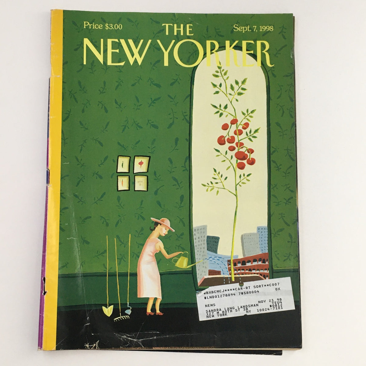The New Yorker Full Magazine September 7 1998 cover featuring art by Juliet Borda. The cover showcases a woman watering plants against a green background and includes the magazine's price tag.