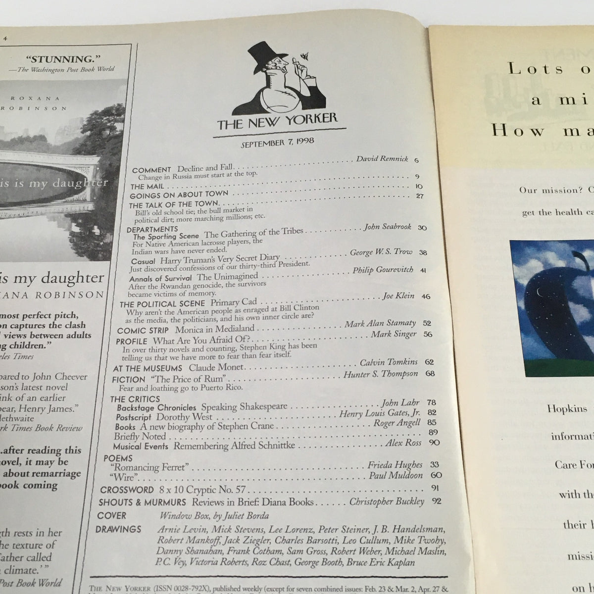 Interior page of The New Yorker Full Magazine September 7 1998 featuring the table of contents. The page includes a list of articles and features from that issue.